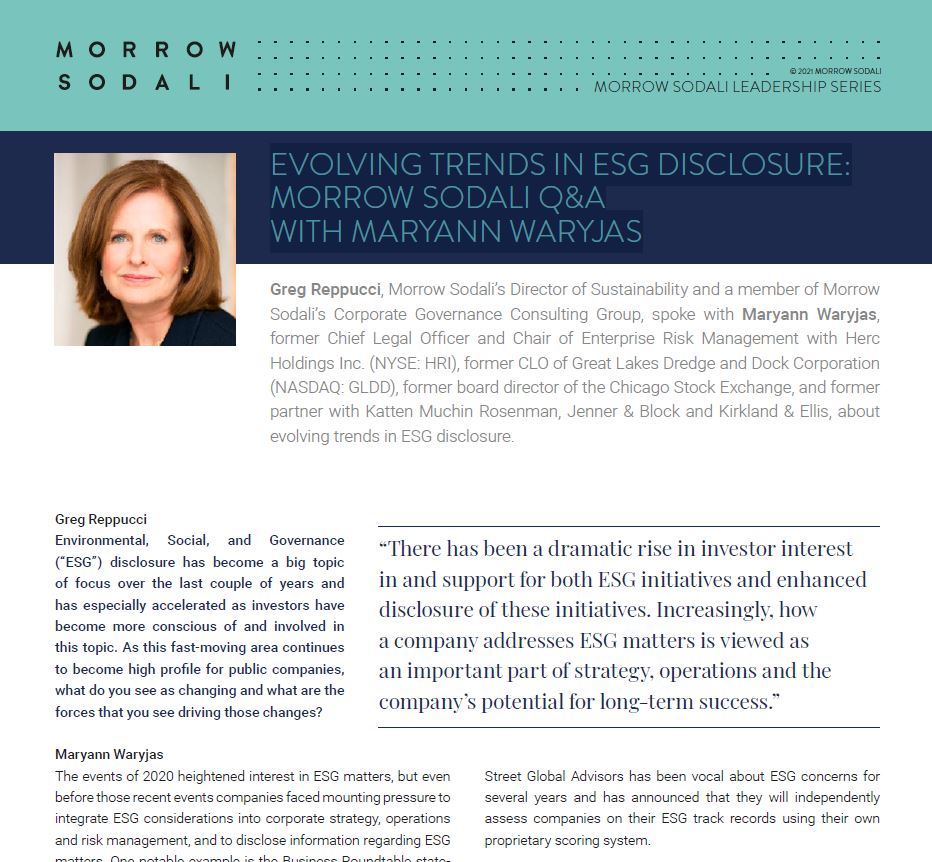 Evolving Trends in ESG Disclosure: Morrow Sodali Q&A with Maryann Waryjas